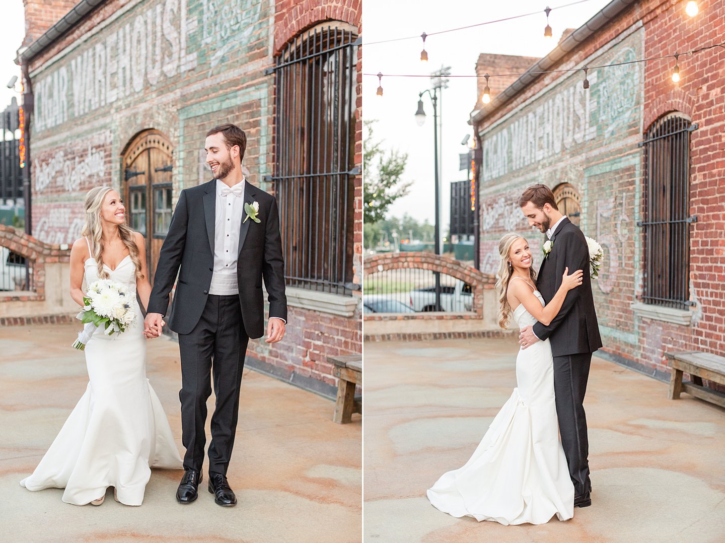 bride and groom wedding portrait at old cigar warehouse in greenville