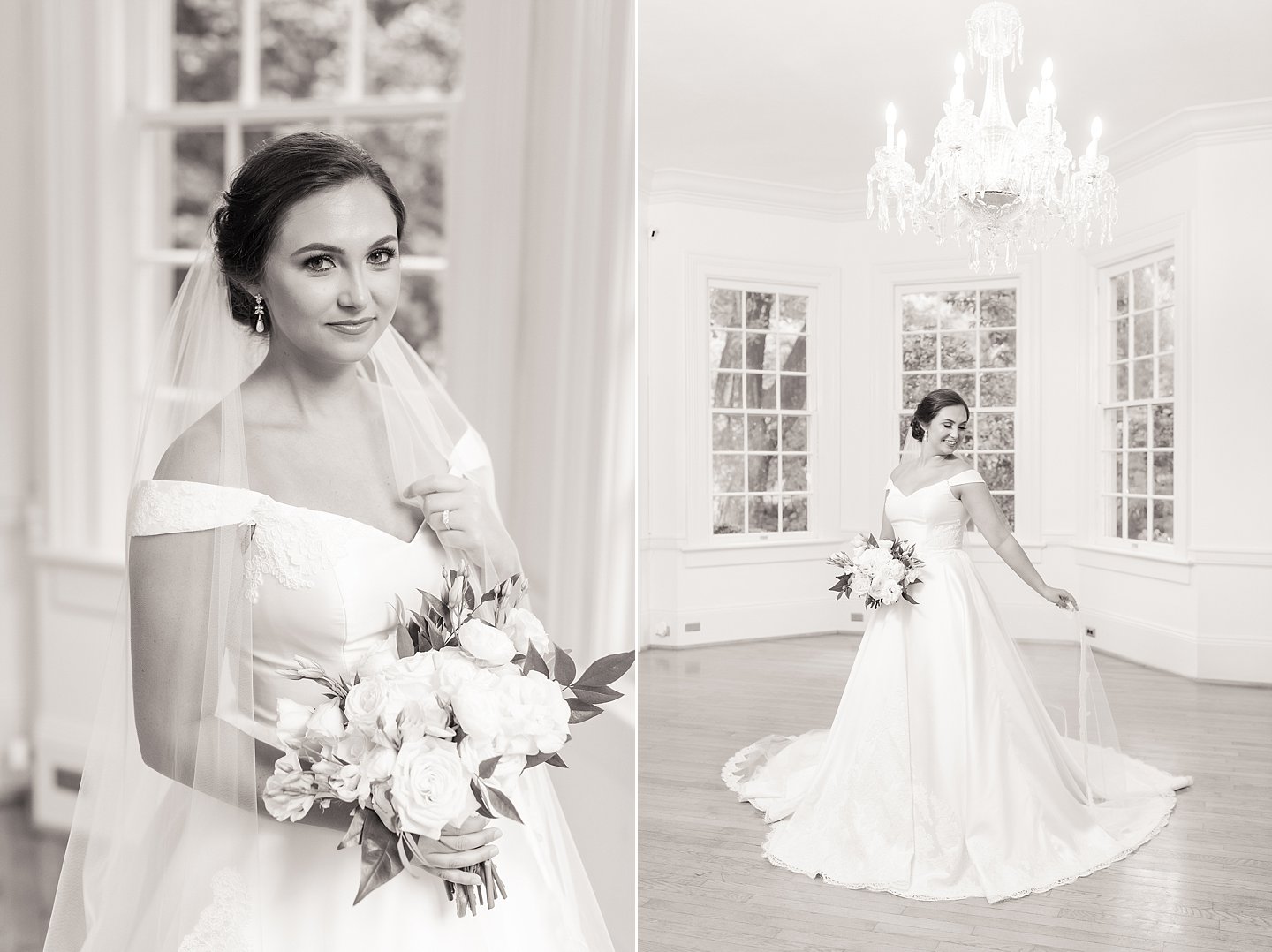 indoor bridal portrait with grand chandalier