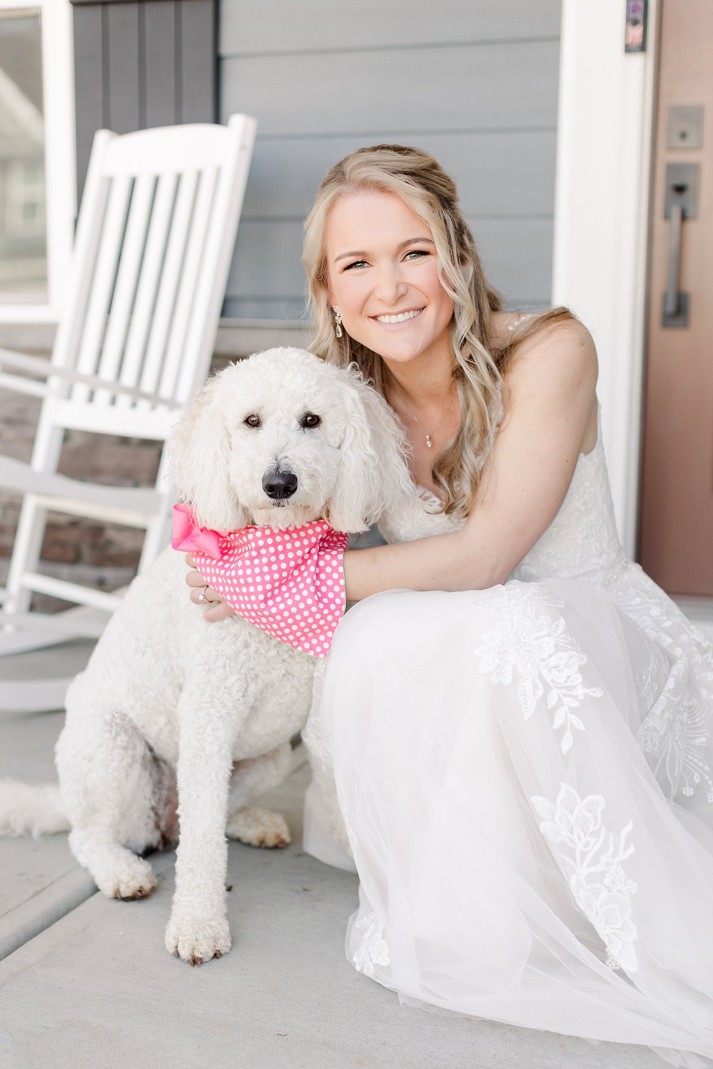 bride with dog in pink bandana