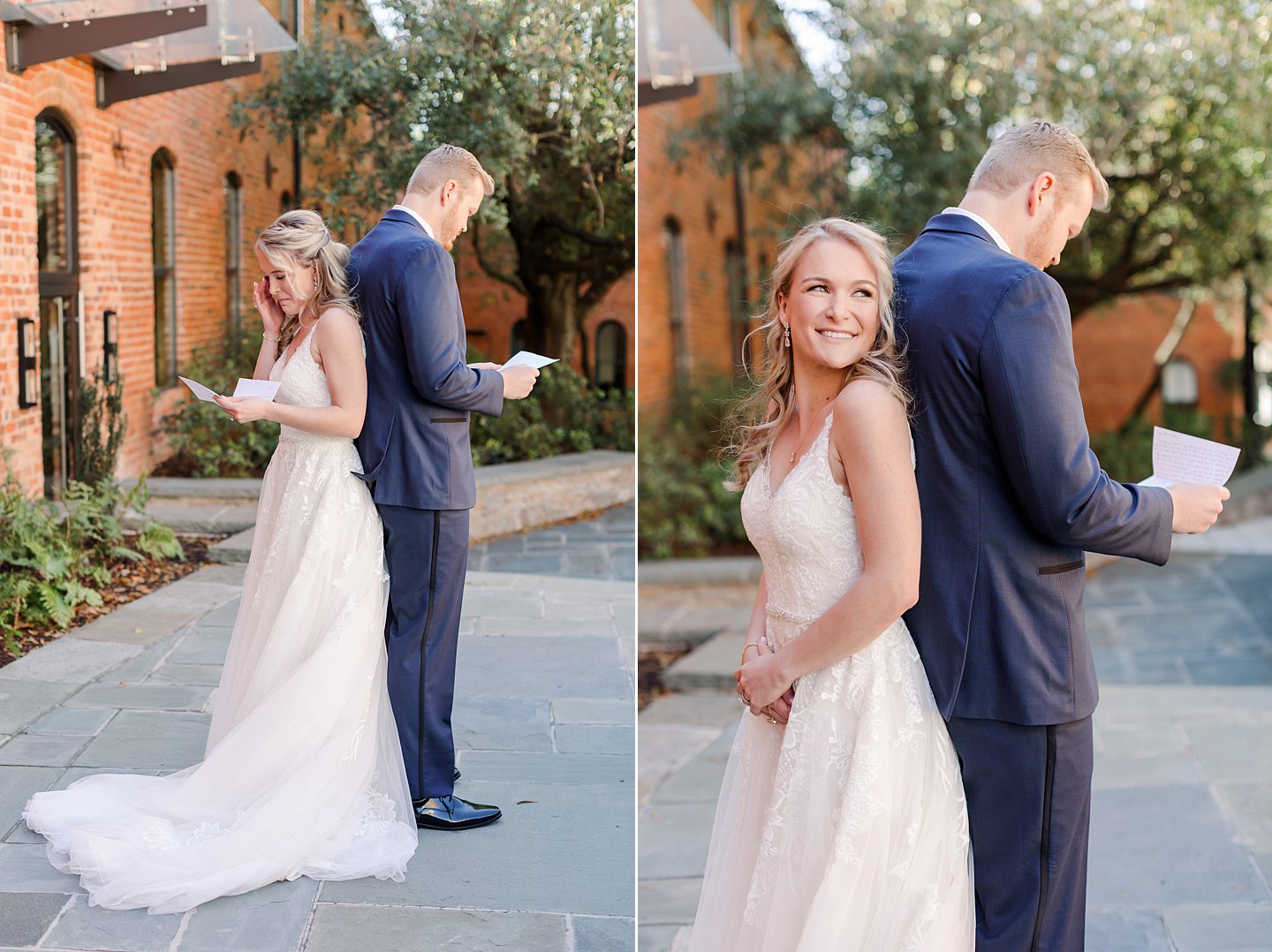 bride's first look with groom at Huguenot Mill wedding