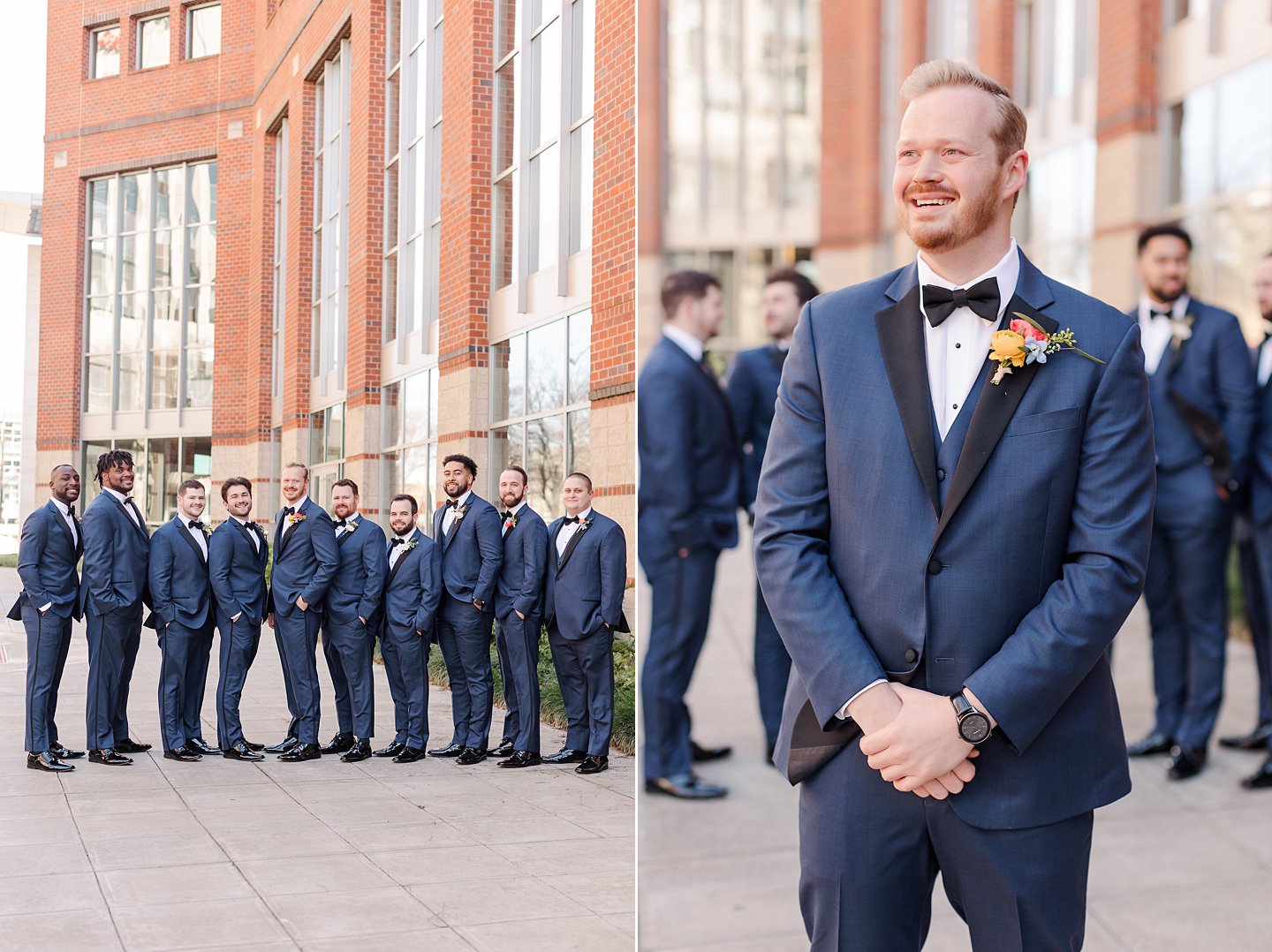 groomsmen in blue suits at Huguenot Mill wedding