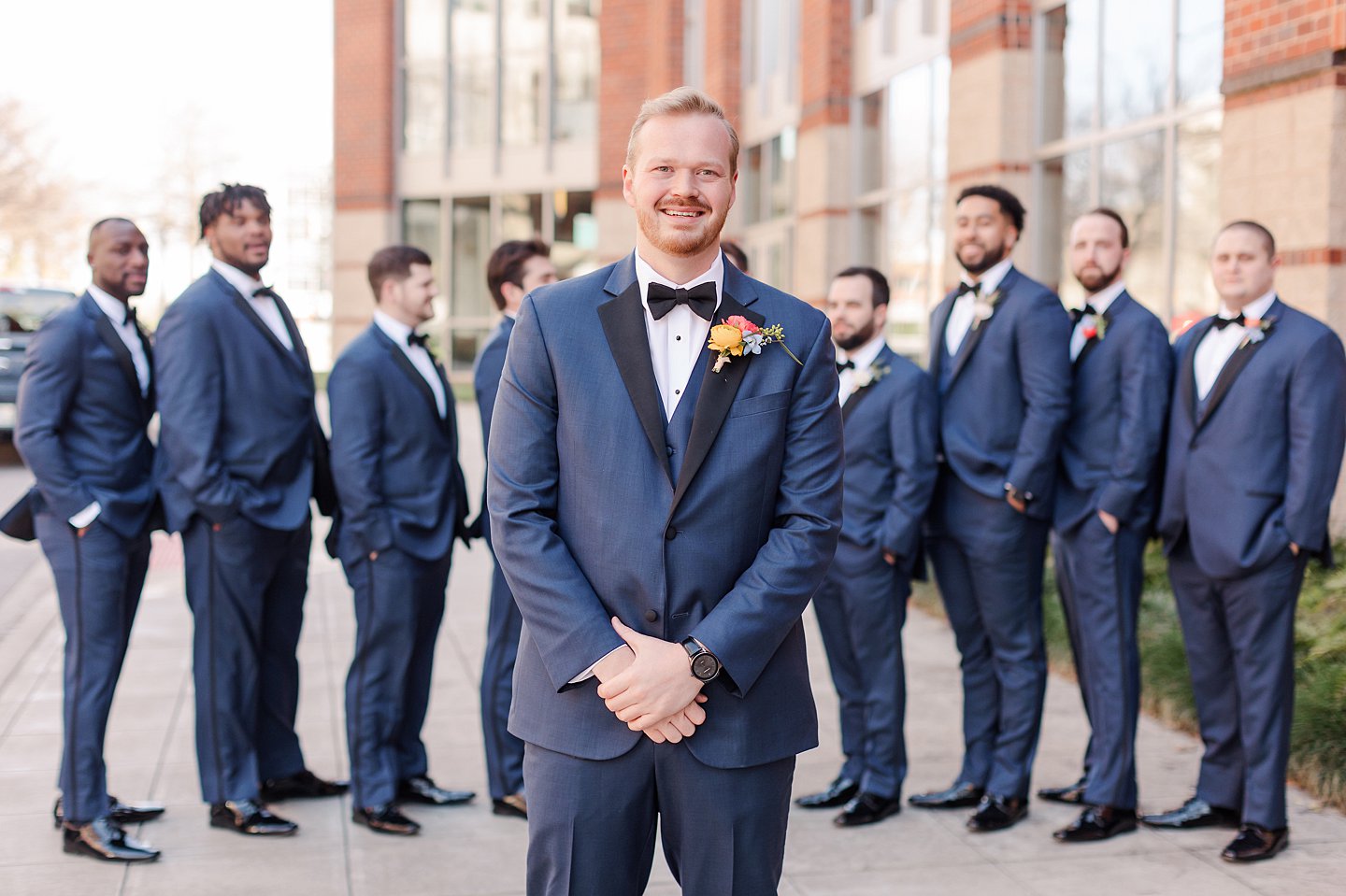 groomsmen in blue suits at Huguenot Mill wedding