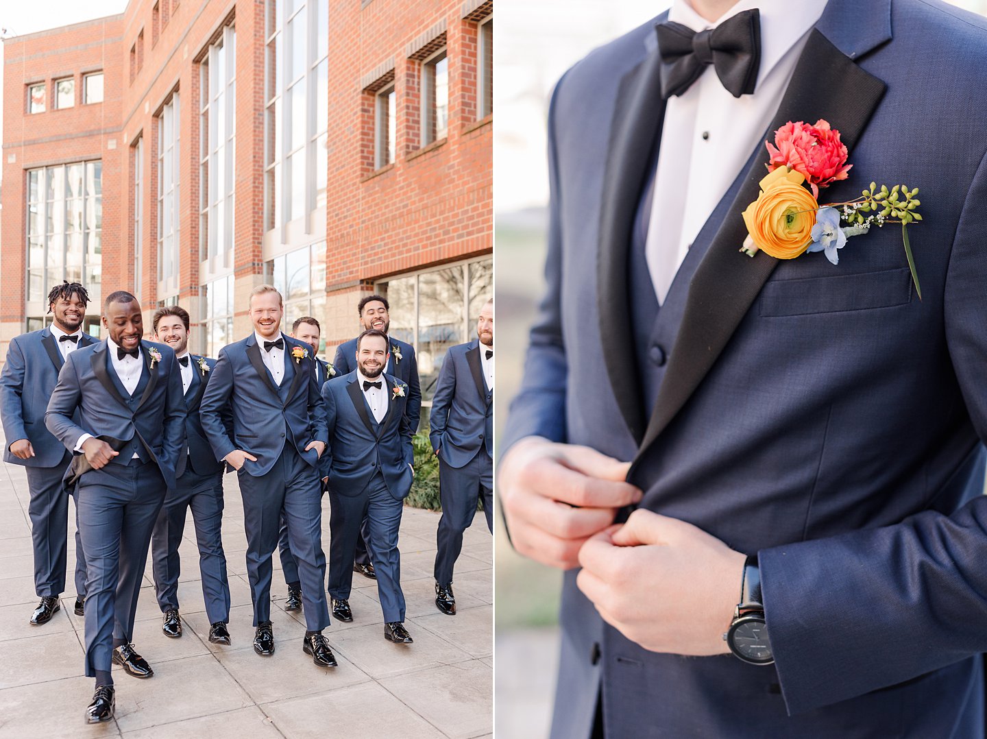 groomsmen walking in blue suits at Huguenot Mill wedding
