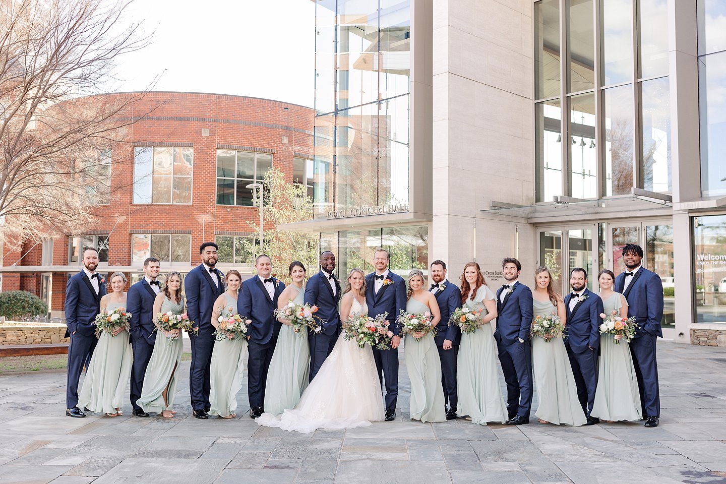 wedding party portrait in front of the Peace Center in Greenville