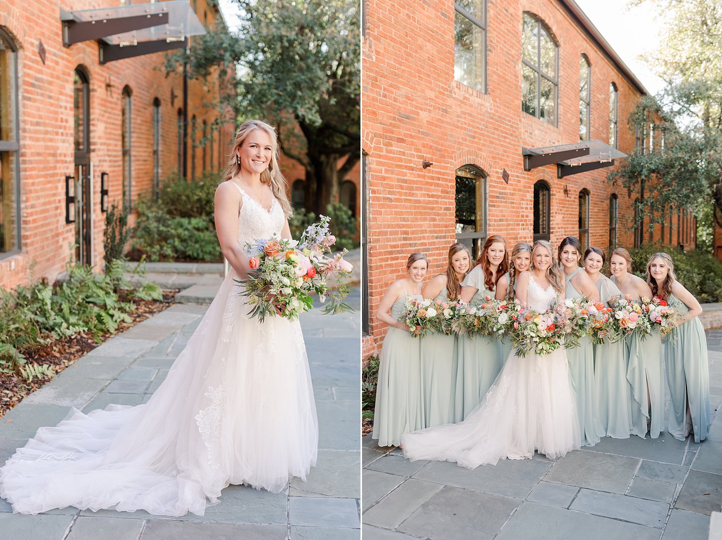 bridesmaids in sage green dresses at Huguenot Mill wedding