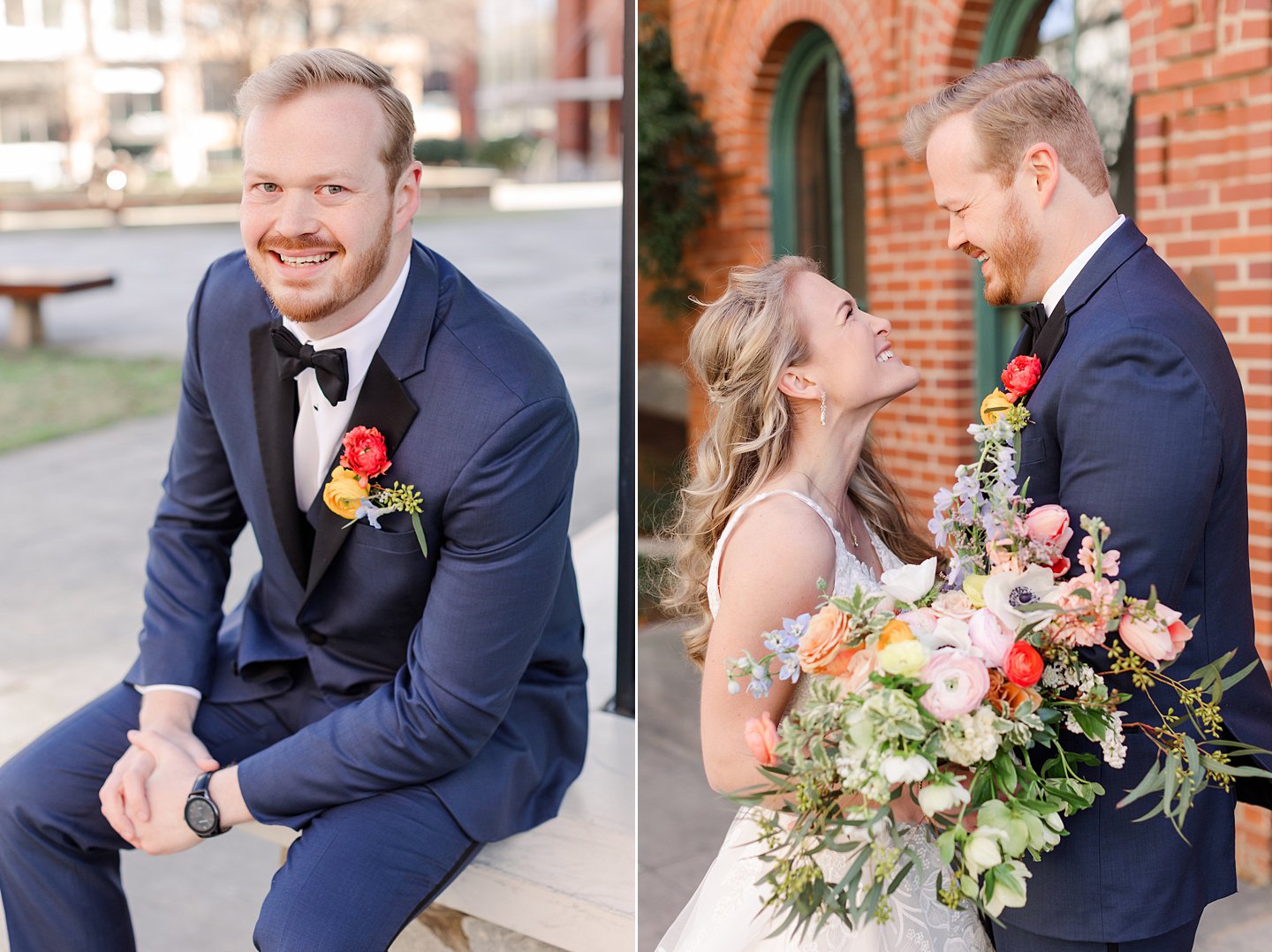 bride and groom portrait in front of Huguenot Mill in Greenville